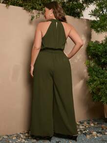 SHEIN Clasi Kích thước lớn Áo liền quần Với Túi , Bên Sọc , Eo Thắt lưng Và Halter Neck - xanh quân đội - Xem 2
