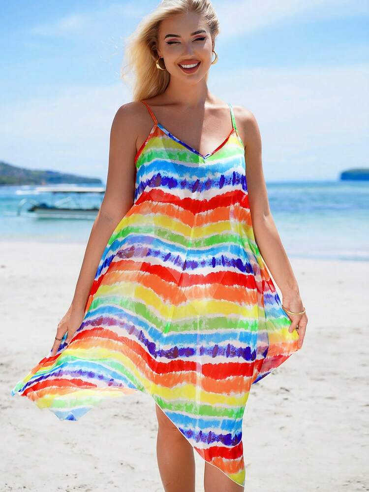 Women'S Color Block Striped Camisole Cover Up Beach Dress Summer