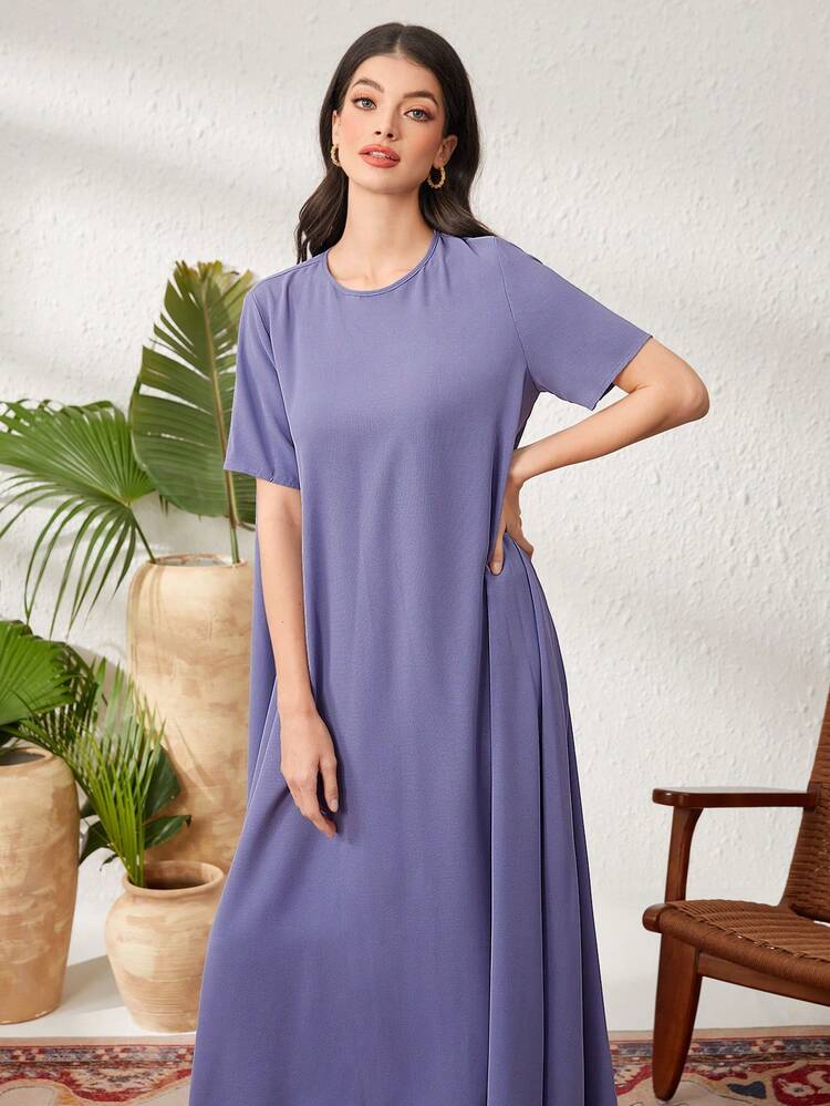 Women's Round Neck Short Sleeve Asymmetrical Hem Dress