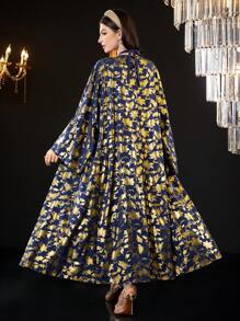 Modelyn Ladies' Gold Foil Print Coat & Solid Color Halter Dress Set 2 Piece Set Fall Cloth For Women - Navy Blue - View 1
