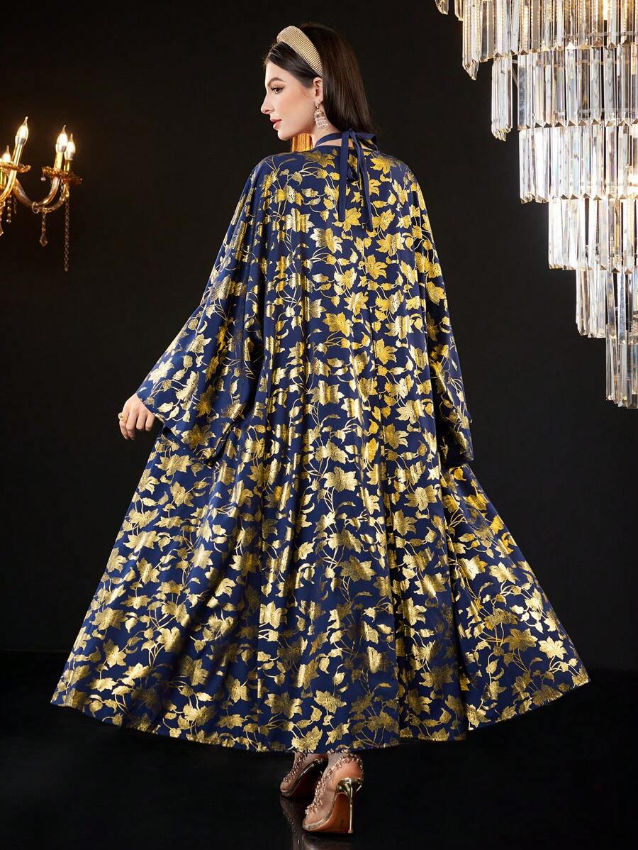 Modelyn Ladies' Gold Foil Print Coat & Solid Color Halter Dress Set 2 Piece Set Fall Cloth For Women - Navy Blue - View 1