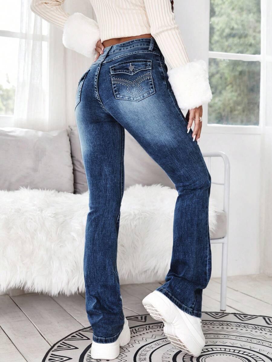 High Waist Bleach Wash Jeans - Blue - View 1