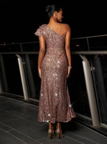 SHEIN Belle Women's Off-Shoulder High Slit Glitter Evening Party Dress - Khaki - View 2