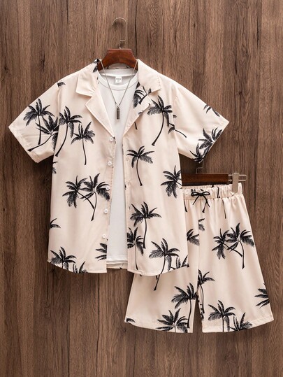 2pcs/Set Teen Boy Coconut Tree Print Shirt And Shorts For Vacation