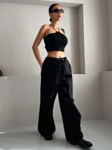 DAZY Solid Color Slim Fit Stretchy Crop Top With Halter Neck For Women Going Out Tops Festival Summer - Black - View 3