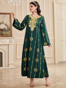 Al Najma Women's Arabic Floral Print Gold Foil Print Dress, Elegant Evening Party Dress