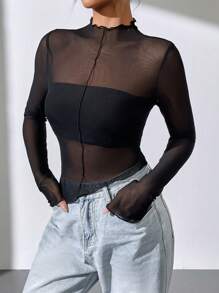 SHEIN Essnce 女士黑色半透明不对称下摆休闲长袖衬衫 - 黑色 - 查看 1