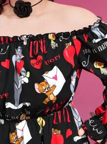 TOM & JERRY X SHEIN Plus Cartoon Graphic Off Shoulder Dress - Black - View 7
