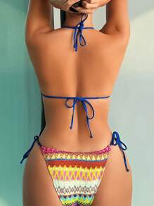 SHEIN Swim Conjunto de bikini con patrón geométrico y nudos en los laterales para playa y verano - Multicolor - Ver 2