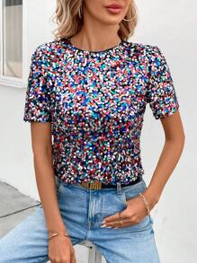 SHEIN Clasi Women's Round Neck Short Sleeve Sparkly T-Shirt - Blue - View 3