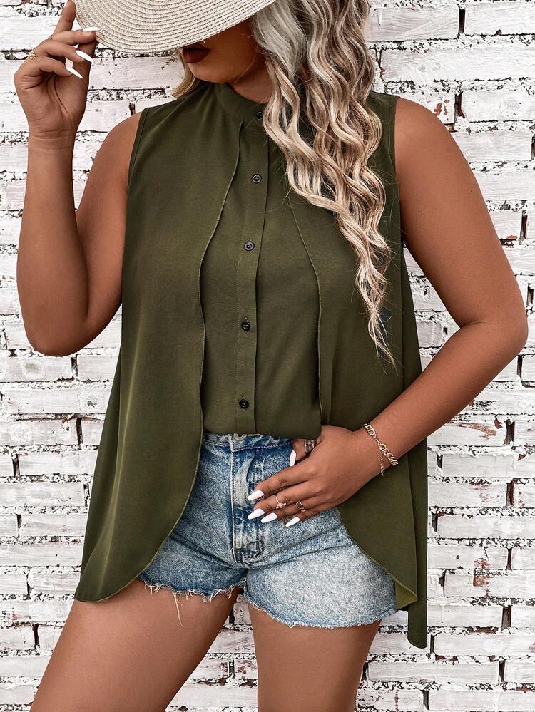 Plus Size Solid Color Sleeveless Shirt With Asymmetrical Hem