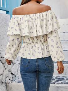 SHEIN LUNE Ditsy Floral Ruffled Cold Shoulder Blouse - Apricot - View 2