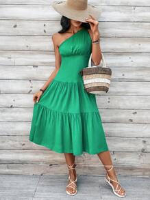 Breezaya Một  vai Không tay Xù Hoa Sen Đầm - màu xanh lá - Xem 4