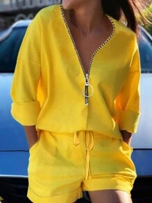 EMERY ROSE 女士半拉鍊領口捲袖上衣和短褲套裝 - 黃色 - 查看 1