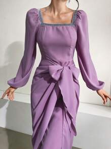 Modelyn Women's Contrast Color Decorated Square Neck Lantern Sleeve Dress - Purple - View 5