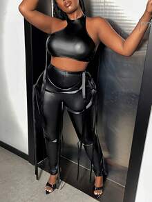Slaydiva 大尺碼女性pu緊身兩件套裝,帶有編織細節肩帶 - 黑色 - 查看 6
