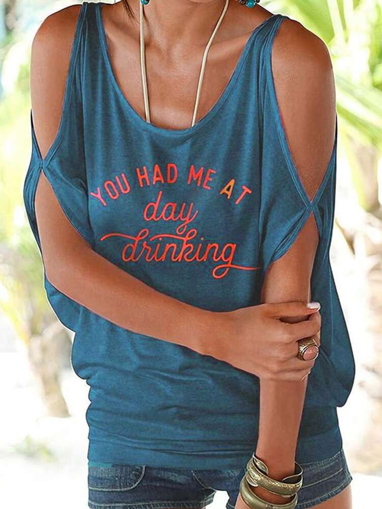 Letter Printed Open Shoulder T-Shirt