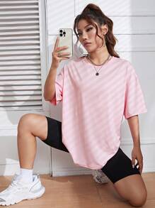 SHEIN EZwear Round Neck Drop Shoulder Sleeve T-Shirt - Pink - View 3