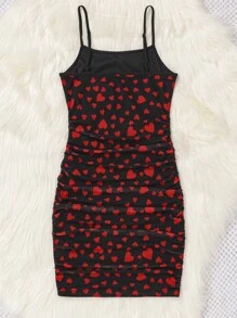 SHEIN Teen Girls' Knit Mesh Heart Pattern Casual Cami Dress - Black - View 2