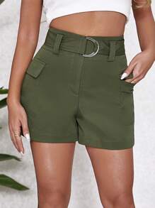SHEIN Holidaya Của phụ nữ Giải trí Rộng chân Quần short Với túi Đồ trang trí - xanh quân đội - Xem 5