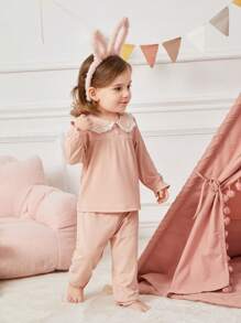 Baby Girl Cute Sweet Ruffle Collar Floral Splice Long Sleeve Pajamas Set - Pink - View 6