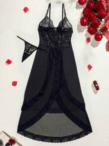 SHEIN 女性高分裂蕾絲背心連衣裙+t型後背性感內衣套裝 - 黑色 - 查看 1