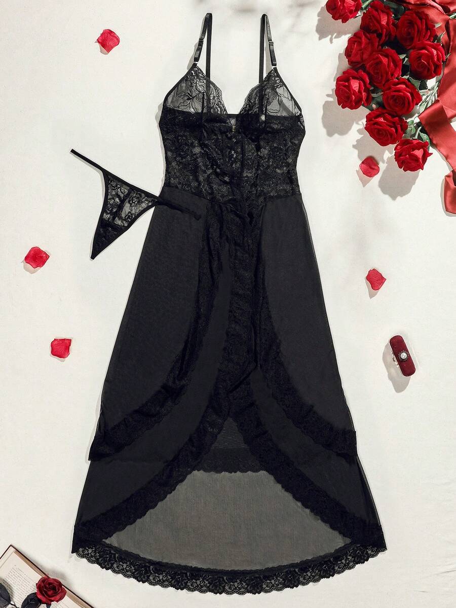 SHEIN 女性高分裂蕾絲背心連衣裙+t型後背性感內衣套裝 - 黑色 - 查看 1