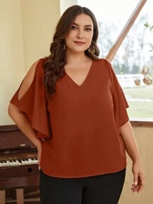 SHEIN Clasi Blusa De Talla Grande Con Mangas De Campana Con Cuello En V - Óxido marrón - Ver 6