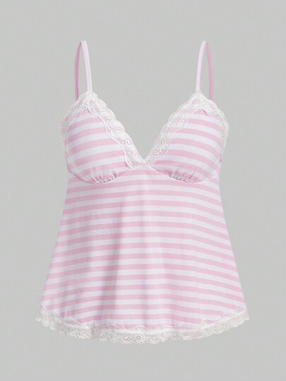 Kawaii Top camisolín de mujer con rayas y encaje