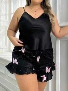 Plus Size Women's Satin Plain Butterfly Printed Camisole Top And Shorts Pajama Set - Black - View 4