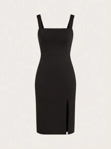 SHEIN BASICS 女士纯色前开衩紧身连衣裙休闲晚宴连衣裙 - 黑色 - 查看 7