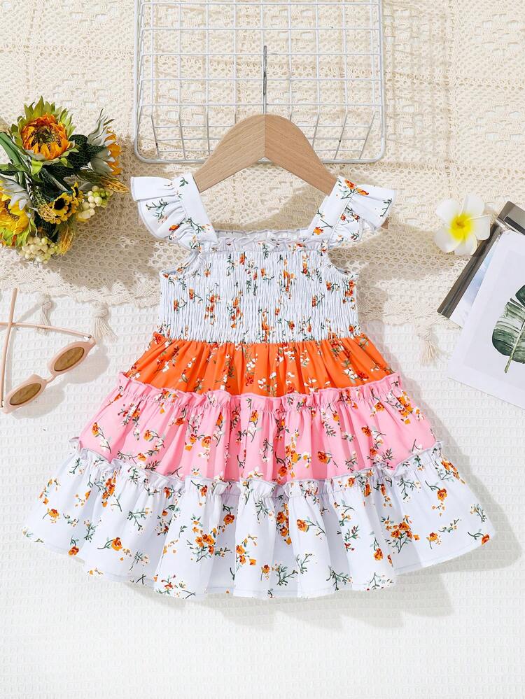 Baby Girls' Casual Patchwork Shirred Floral Dress