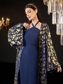 Modelyn Ladies' Gold Foil Print Coat & Solid Color Halter Dress Set 2 Piece Set Fall Cloth For Women - Navy Blue - View 2