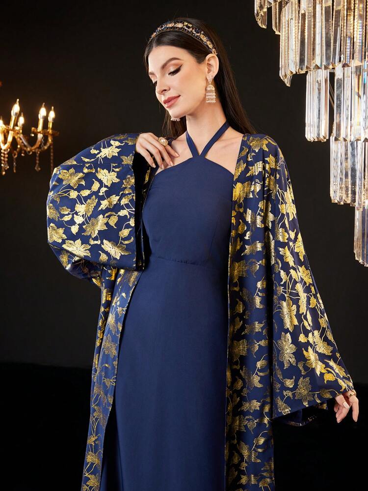 Ladies' Gold Foil Print Coat & Solid Color Halter Dress Set 2 Piece Set Fall Cloth For Women