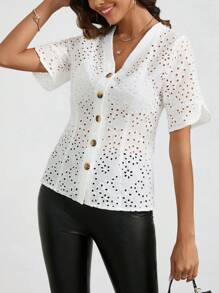 SHEIN Clasi V-Neck Button Up Eyelet Embroidered Blouse - White - View 3