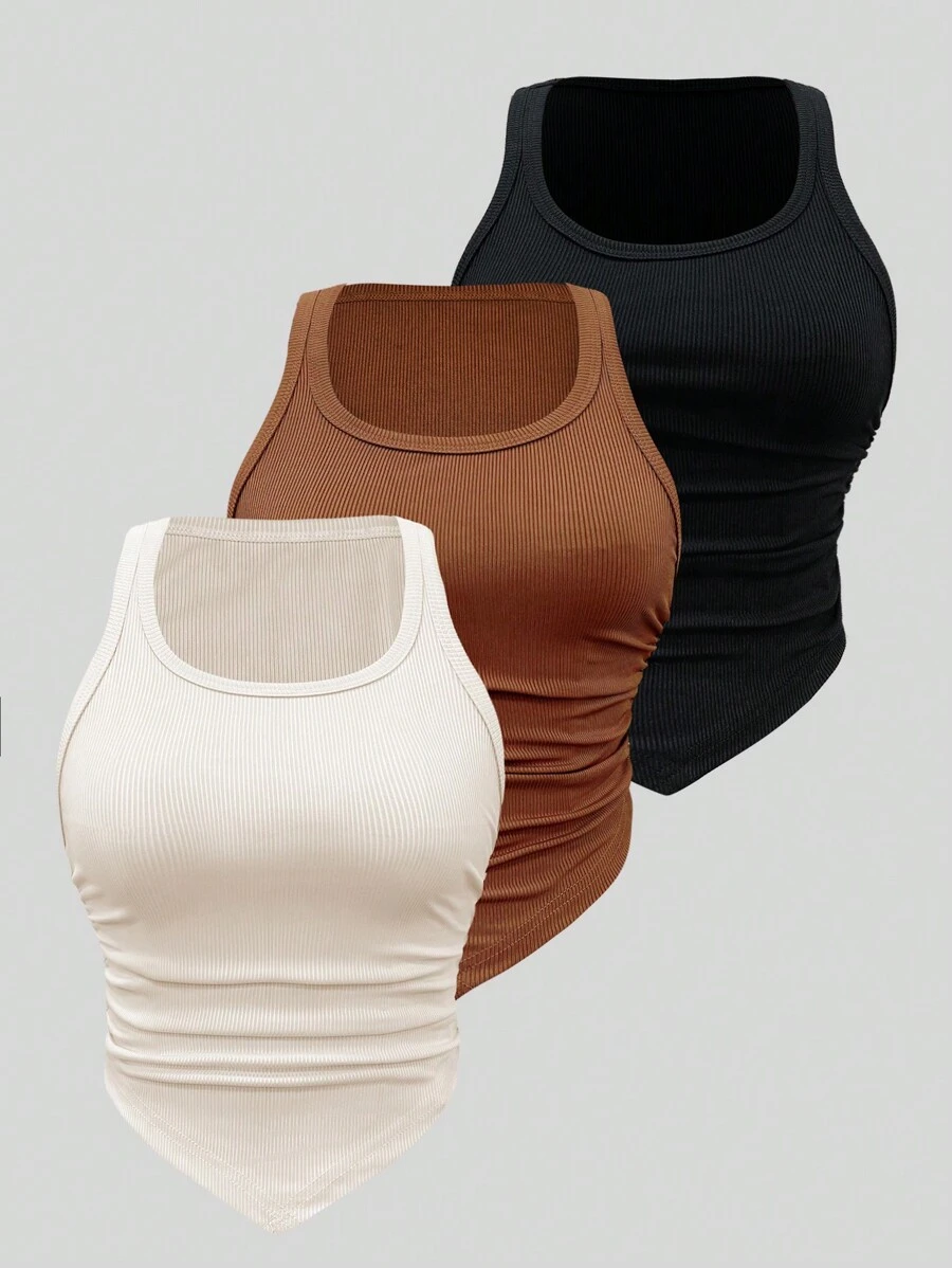 SHEIN ChicEase Chất rắn Có màu sắc Đan Xương sườn Viền không đối xứng Xếp li Áo ba lỗ Bộ , Nhiều Màu sắc sẵn có - Nhiều màu - Xem 1