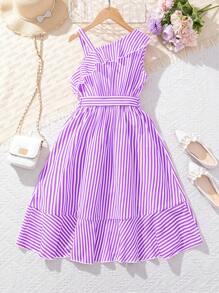 Tween Girl Vacation Striped Spaghetti Strap Dress With Ruffle Hemline, Perfect For Beach Holiday,Holiday,Summer,Travel - Purple - View 2