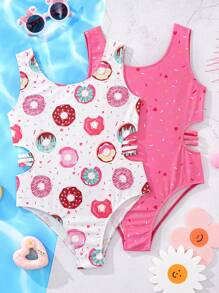 SHEIN Cô gái Tween Thông thường hàng ngày Áo tắm một mảnh Với Donut in - Nhiều màu - Xem 1