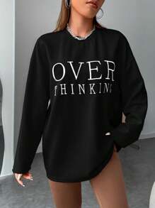 SHEIN EZwear 字母刺繡落肩T恤 - 黑色 - 查看 3