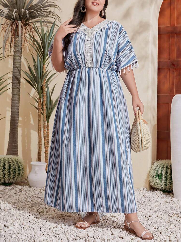 Plus Size Women's Fringed Vertical Striped Dress