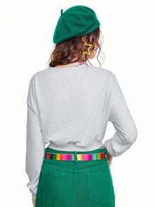 SHEINNeu 女裝灰色短版春夏條紋套頭衫,印有小狗和字母圖案