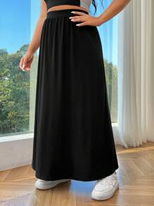 SHEIN EZwear Plus Size Black Knitted Long Skirt - Black - View 3