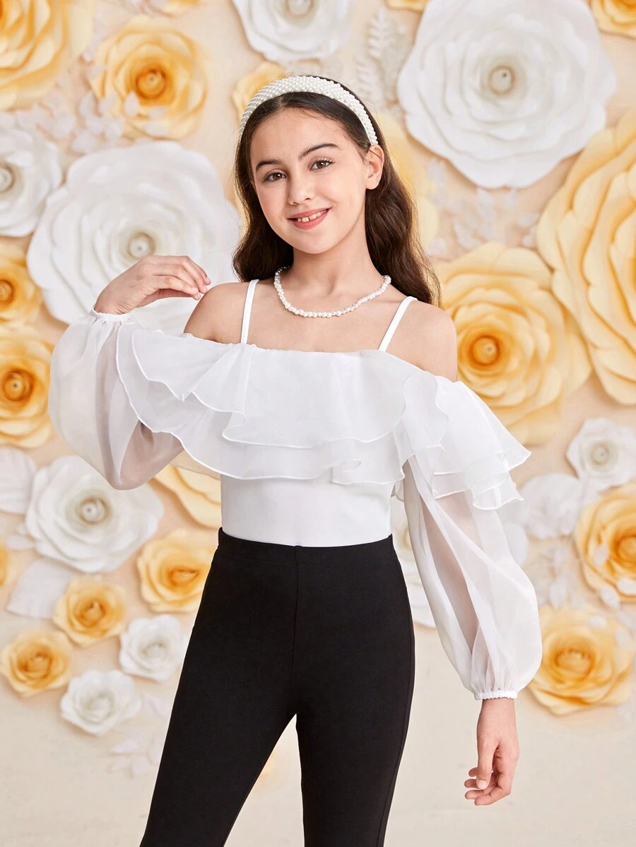 SHEIN Blusa De Organza De Manga Comprida Com Ombros De Fora, Gola De Babados De Camadas Duplas Para Meninas Pré-adolescentes - Branco - Visão 1