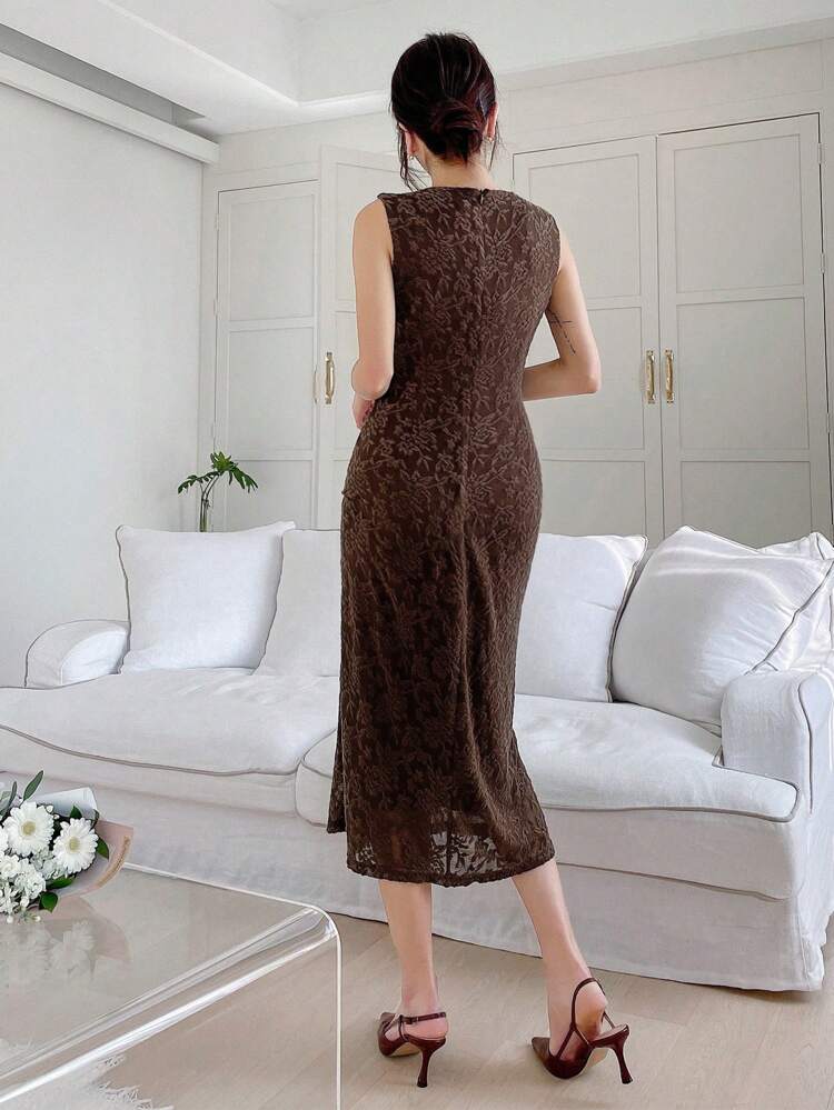 Women'S V-Neck Sleeveless Jacquard Floral Dress Elegant Dress