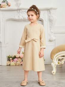 SHEIN Ramadan Young Girls' Casual Plain Color Fringed V-Neck Long Sleeve Dress, Suitable For Daily Wear, Festivals, And Parties, Summer