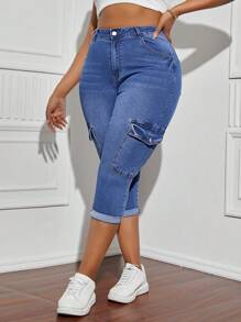 SHEIN SXY Plus Size Women's Elastic Denim Skinny Jeans With Flared Hem And Pockets - Versatile And Slimming