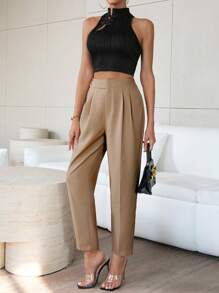 Firerie Solid Color Pleated Trousers For Women - Khaki - View 6