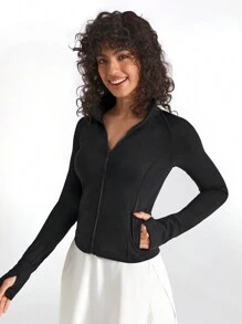 Lifespree Slim Fit Sports Jacket With Full Zipper, Ribbed Cuffs And Pockets - Black - View 1