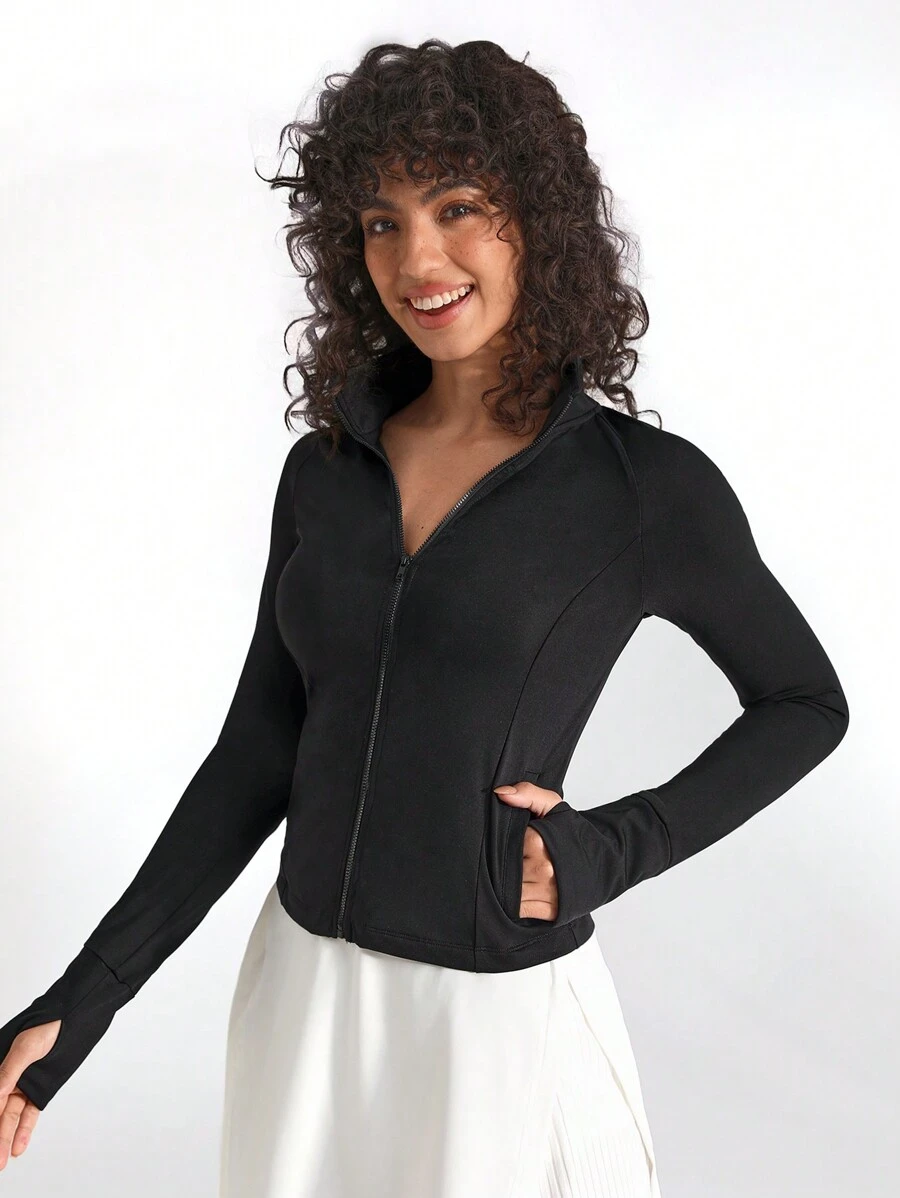 Lifespree Slim Fit Sports Jacket With Full Zipper, Ribbed Cuffs And Pockets - Black - View 1