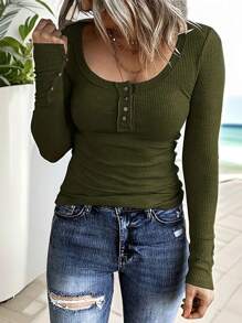 Women's Fashionable Casual Round Neck Long Sleeve Solid Color Button T-Shirt - Army Green - View 1